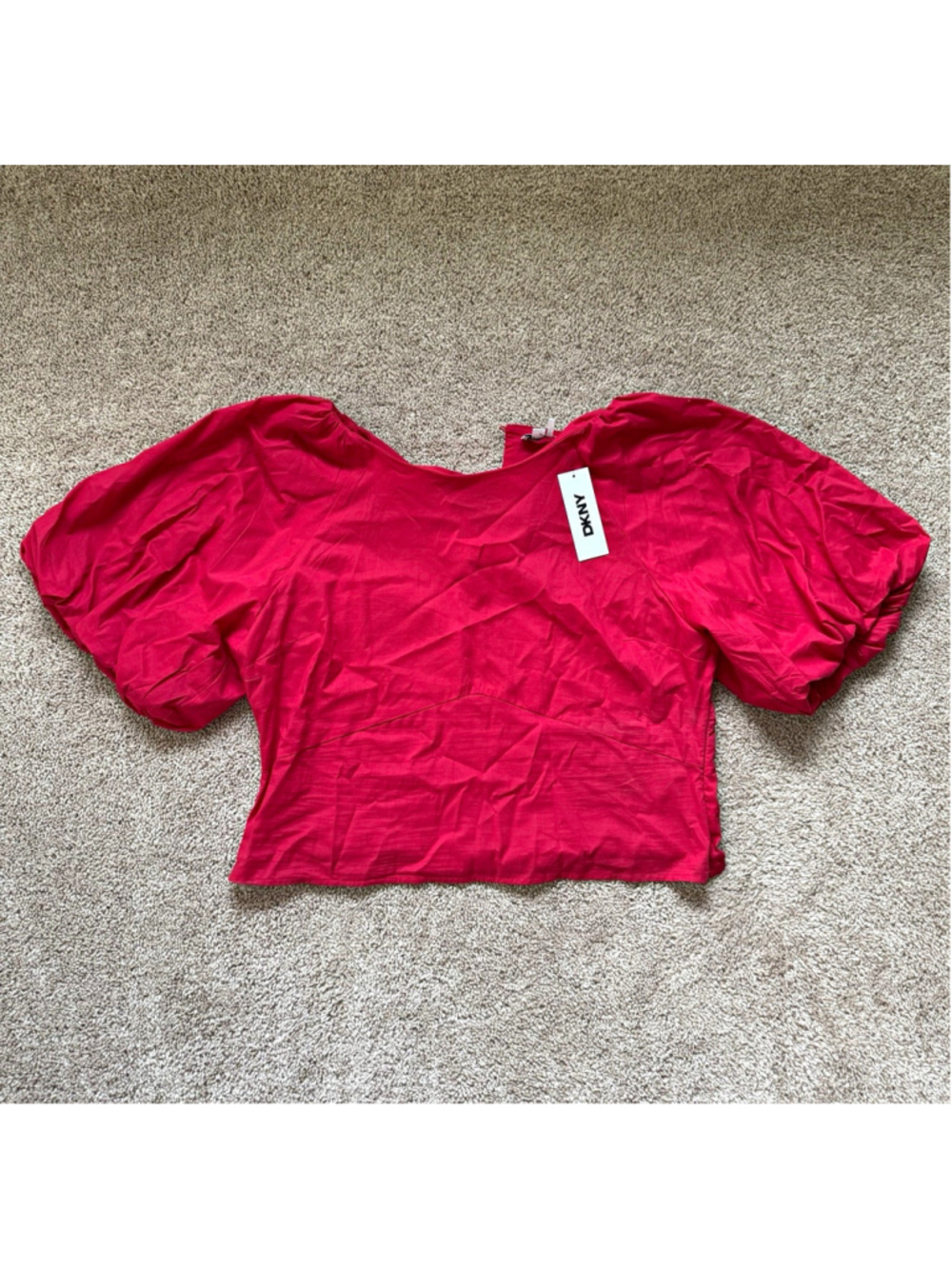 DKNY Women’s Red Solid V-Neck Puff Sleeve Short Sleeve Blouse Top XL